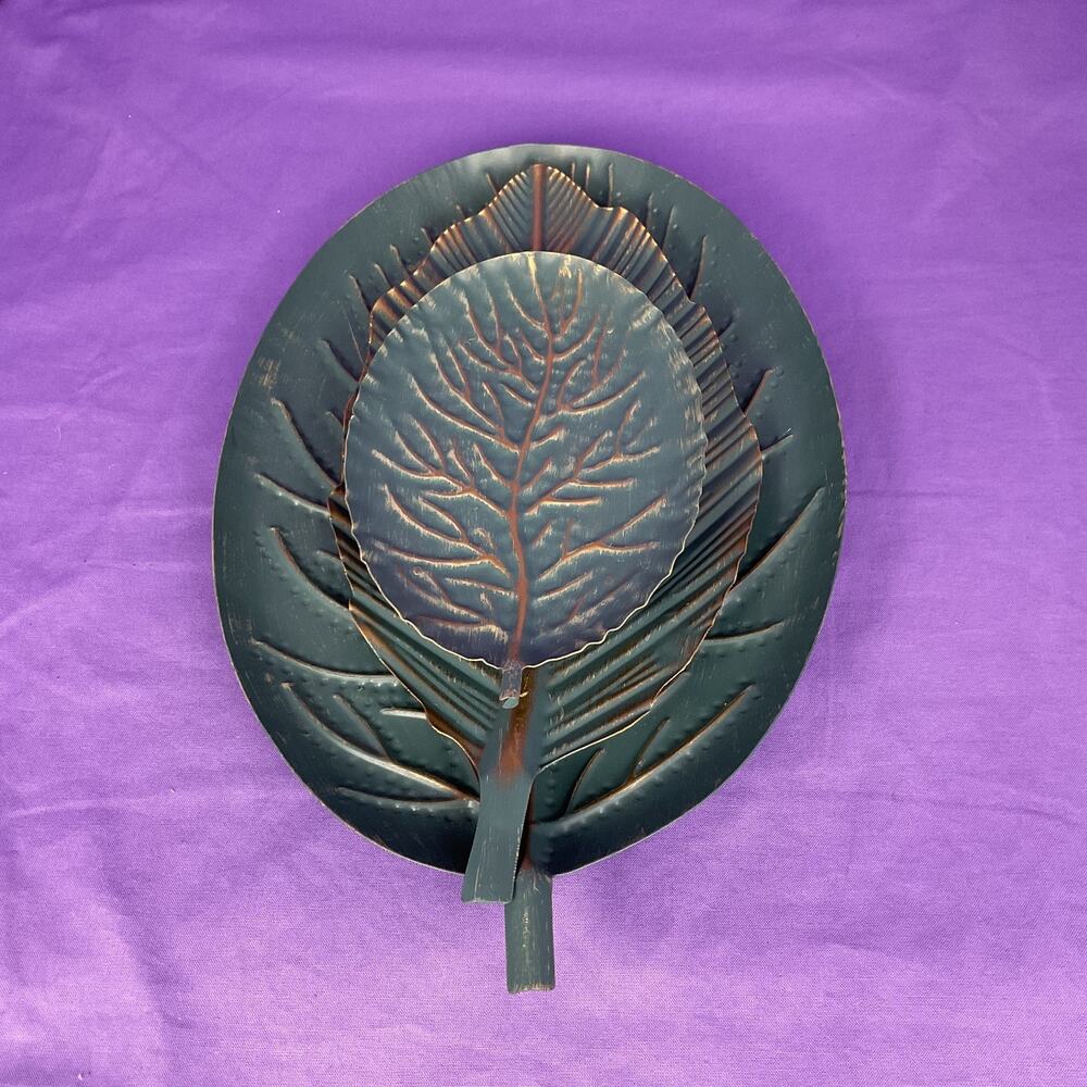 Set of 3 Rustic Stamped Metal Leaf Trays - Distressed Copper & Slate Decorative